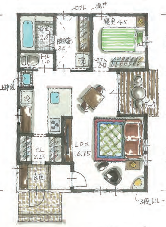 15.9坪1LDK平屋の手描き間取り