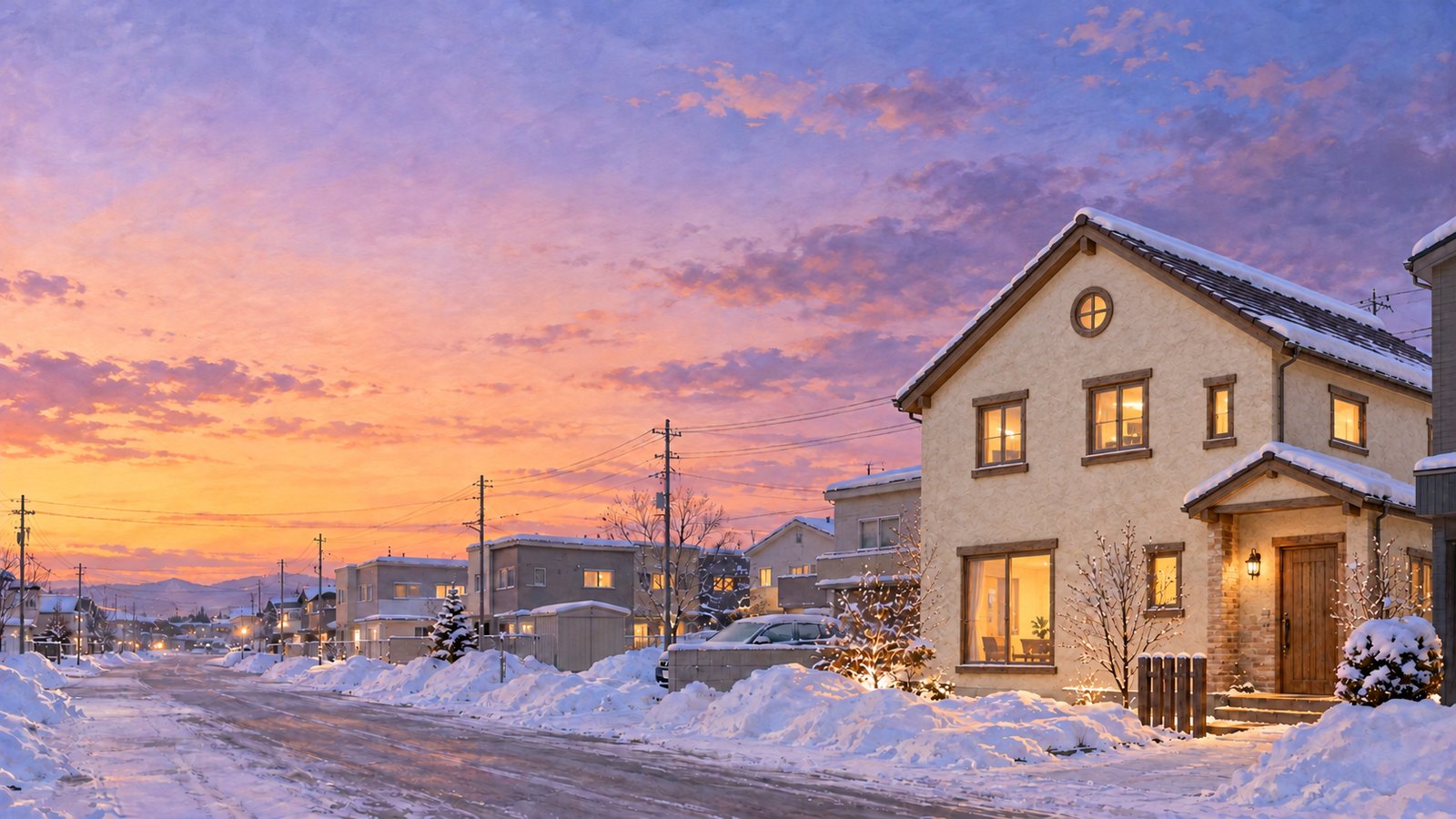 雪の夕方の住宅街に建つ、窓に灯りのともる家のイメージ